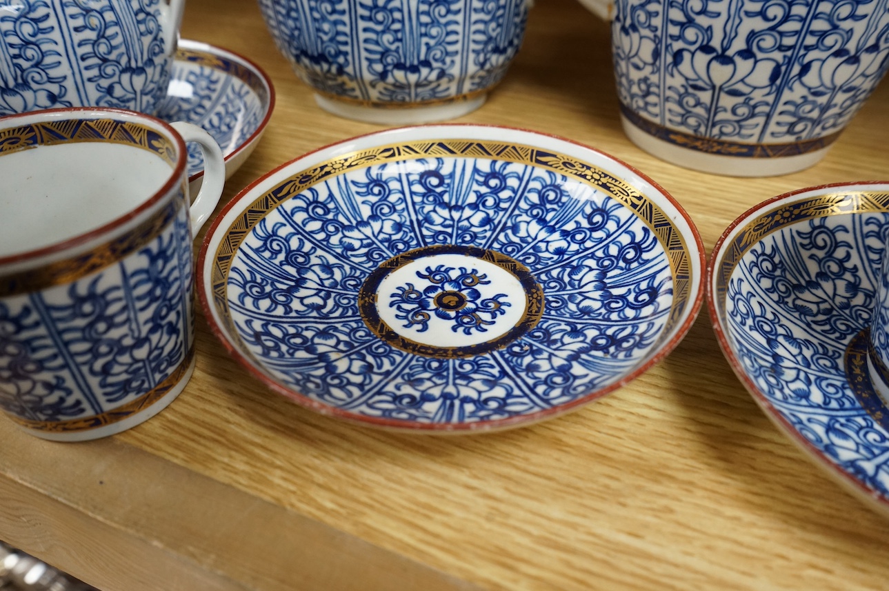 A group of late 18th/early 19th century Worcester Royal Lily tea wares, including a teapot, milk jug, lidded bowl, two plates, three cups and saucers, etc. Condition - fair.